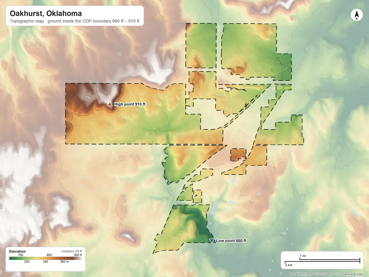 Topographic elevation map of Oakhurst, Oklahoma, shaded from 660 ft on the south side to 910 ft on the west side