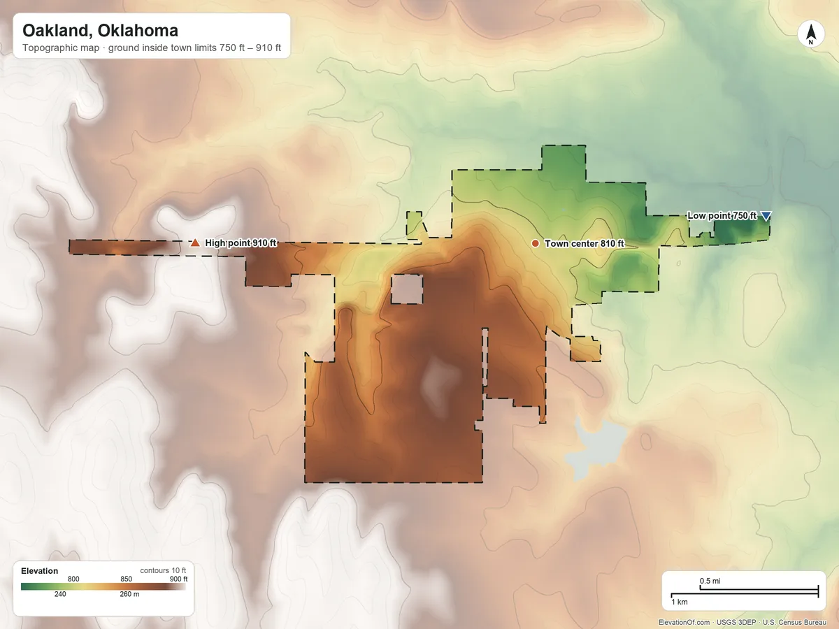 Topographic elevation map of Oakland, Oklahoma, shaded from 750 ft on the east side to 910 ft on the west side