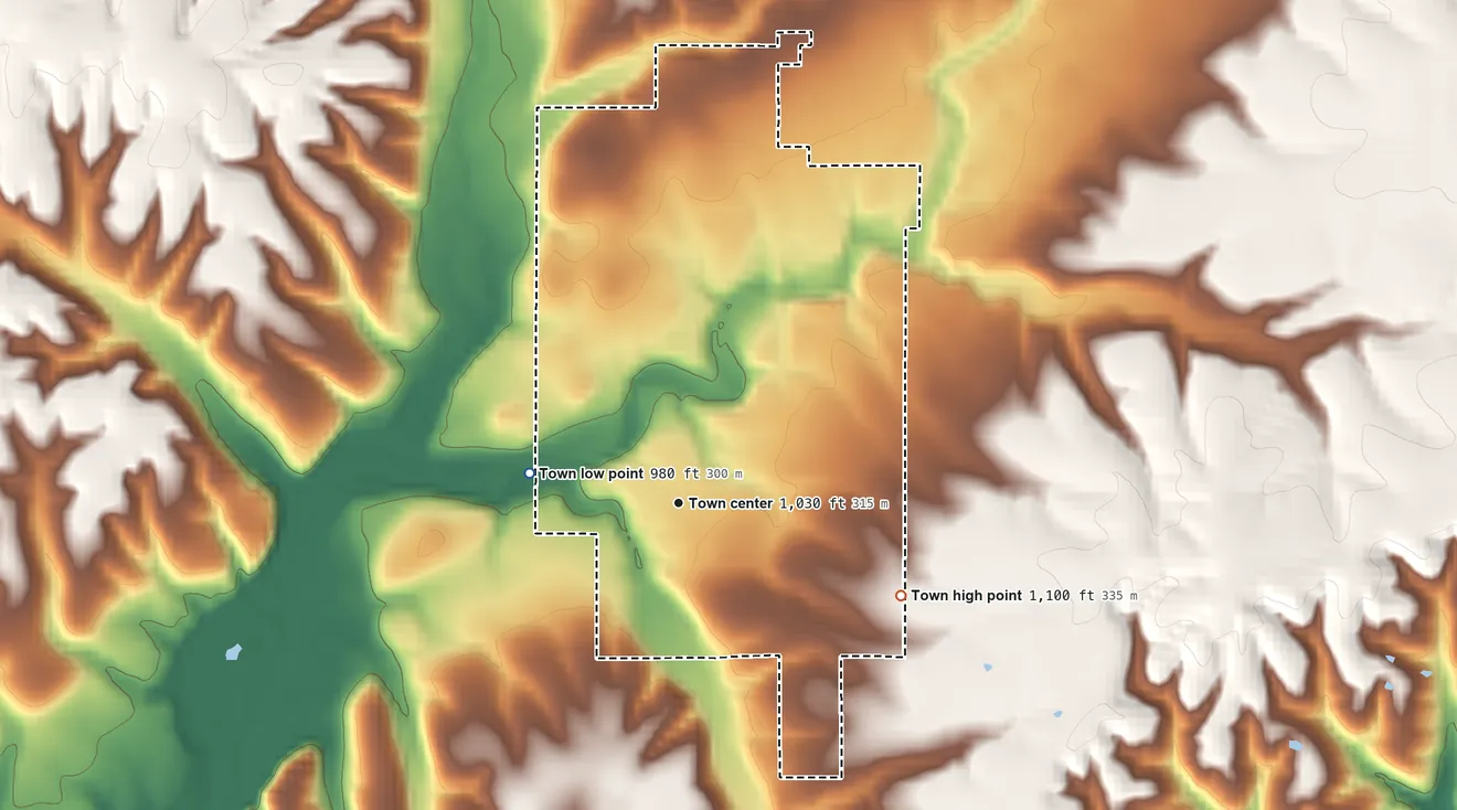 Topographic elevation map of Oaks, Oklahoma, shaded from 980 ft on the west side to 1,100 ft on the southeast side