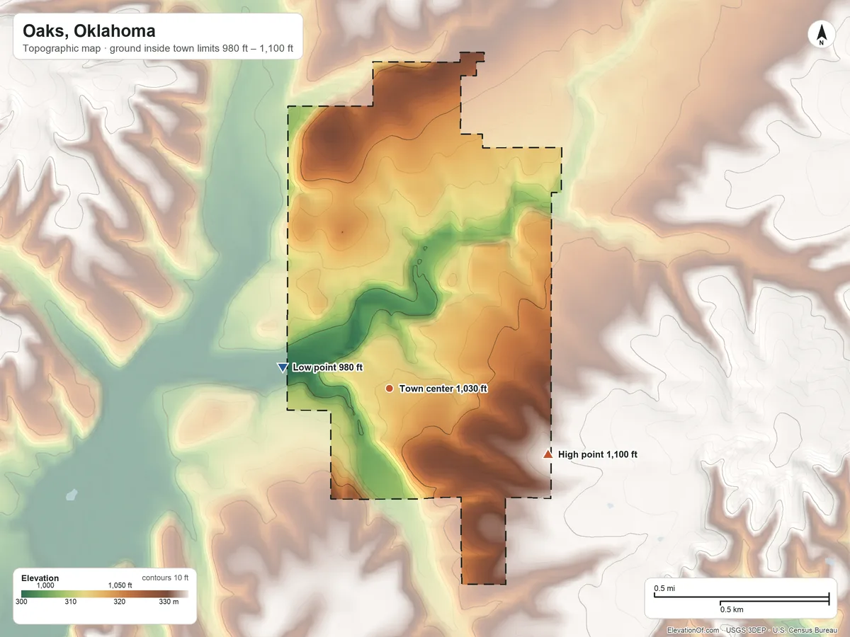 Topographic elevation map of Oaks, Oklahoma, shaded from 980 ft on the west side to 1,100 ft on the southeast side