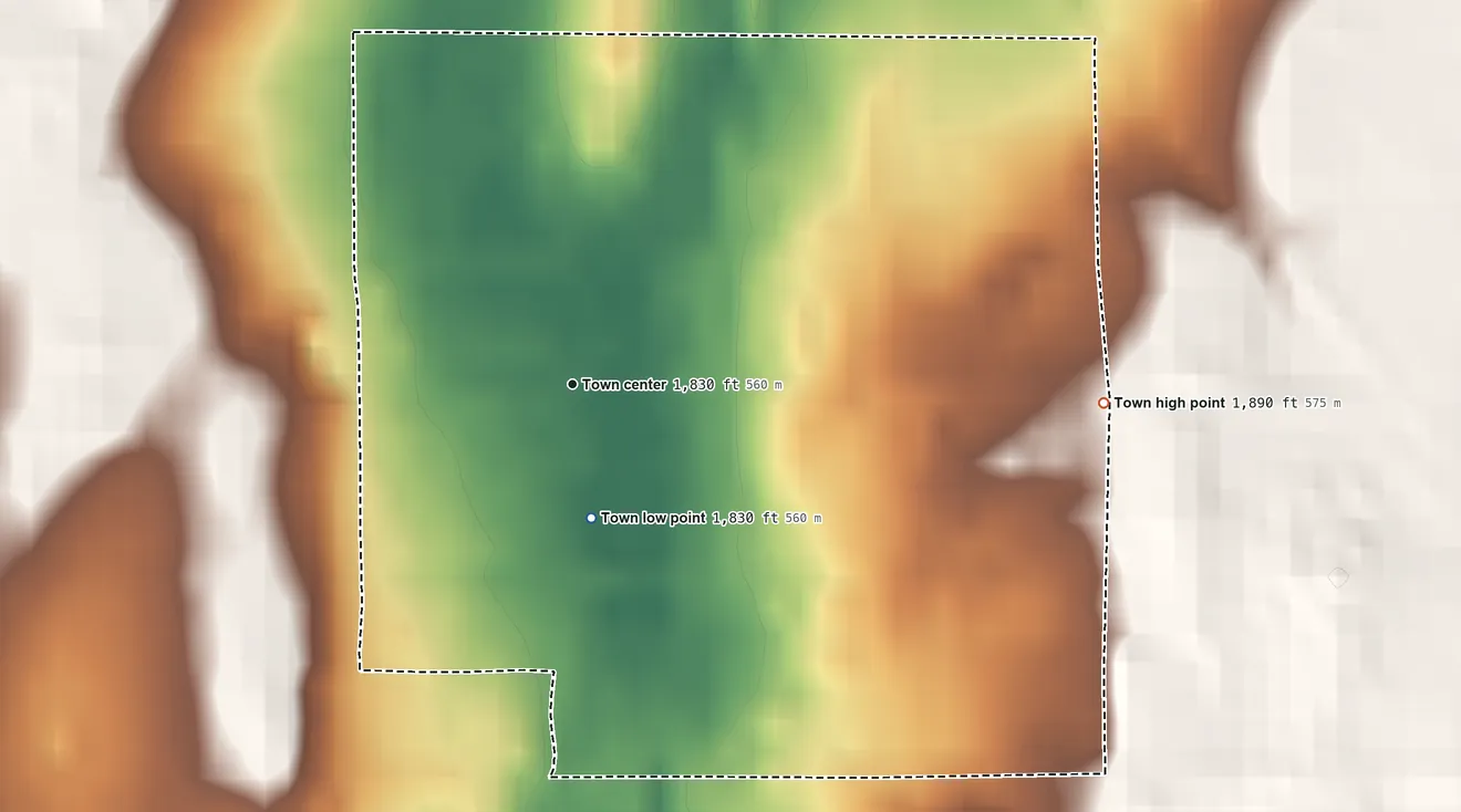 Topographic elevation map of Oakwood, Oklahoma, shaded from 1,830 ft on the south side to 1,890 ft on the east side
