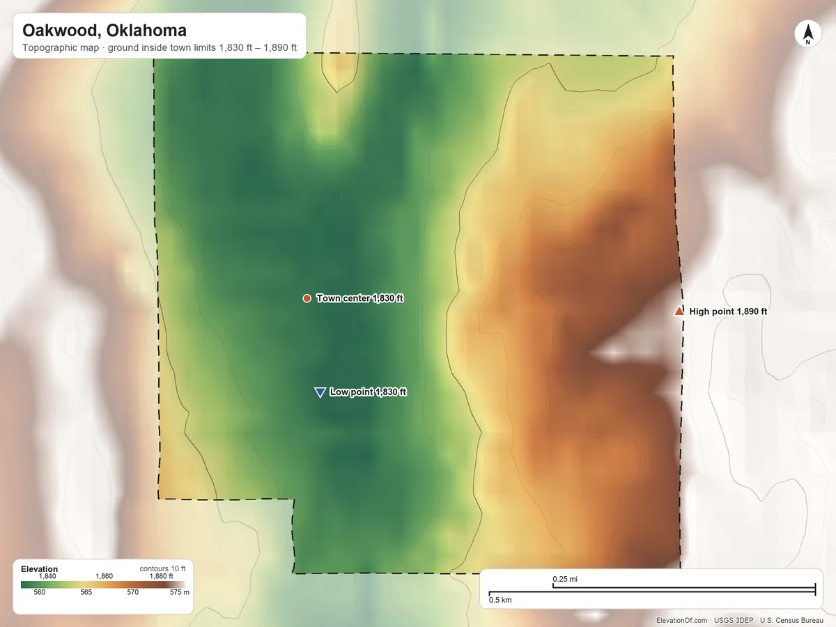 Topographic elevation map of Oakwood, Oklahoma, shaded from 1,830 ft on the south side to 1,890 ft on the east side