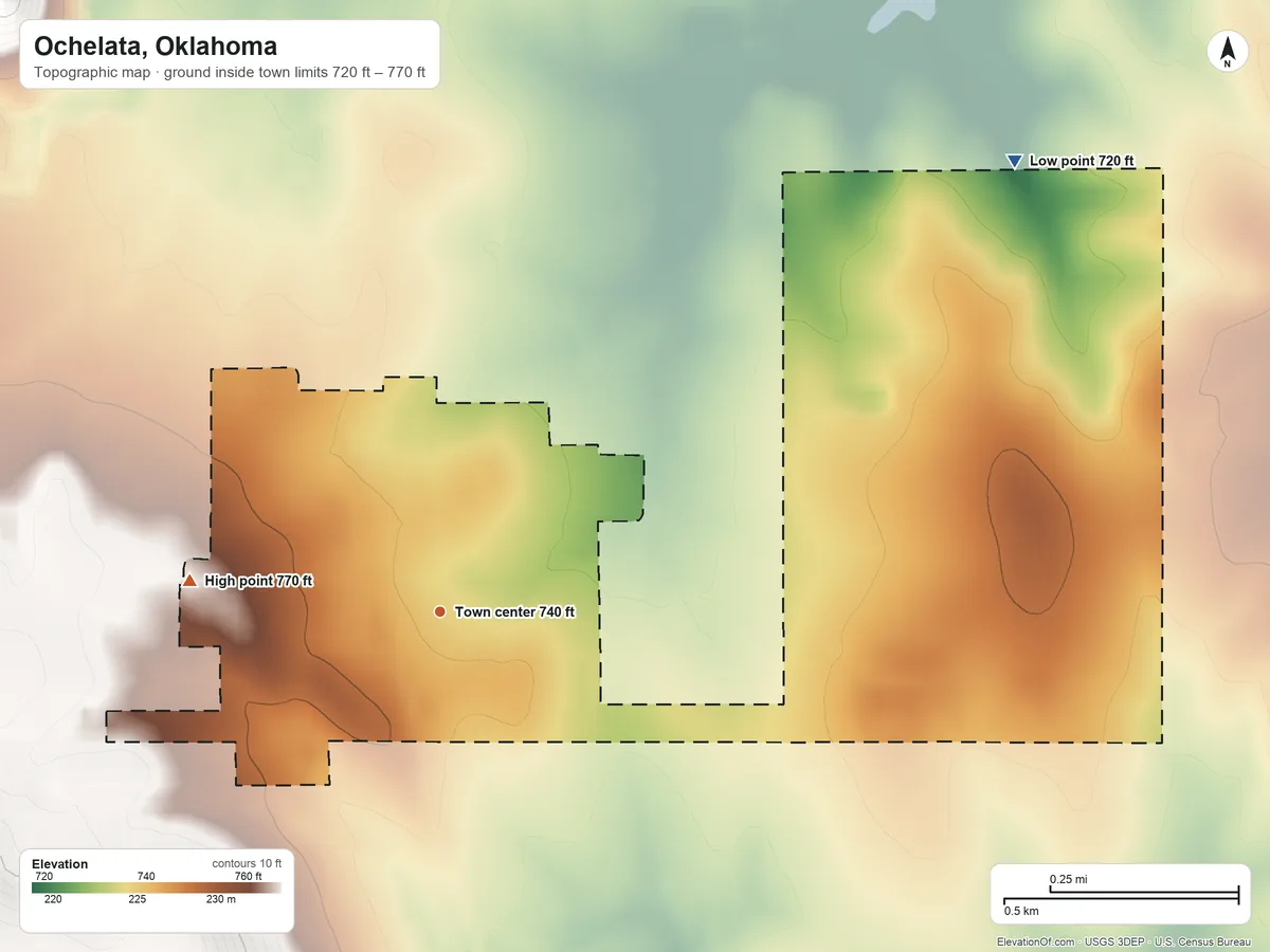 Topographic elevation map of Ochelata, Oklahoma, shaded from 720 ft on the northeast side to 770 ft on the west side