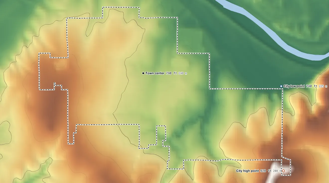 Topographic elevation map of Oilton, Oklahoma, shaded from 740 ft on the east side to 920 ft on the southeast edge, below higher ground just outside