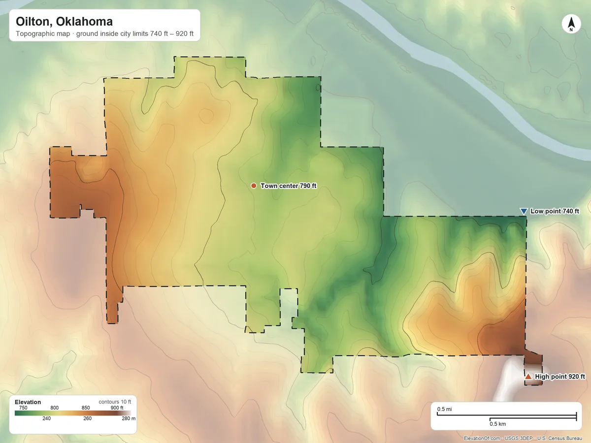 Topographic elevation map of Oilton, Oklahoma, shaded from 740 ft on the east side to 920 ft on the southeast edge, below higher ground just outside