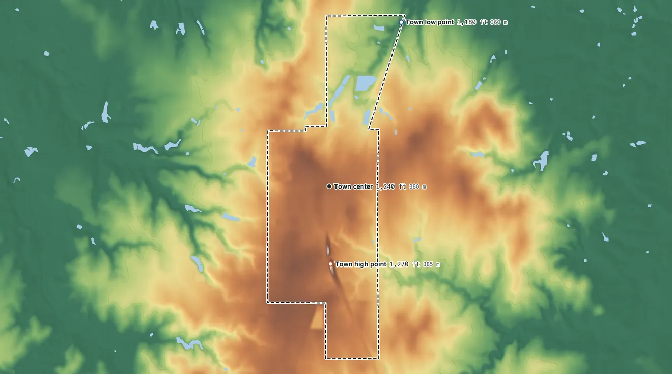 Topographic elevation map of Okarche, Oklahoma, shaded from 1,180 ft on the northeast side to 1,270 ft on the south side