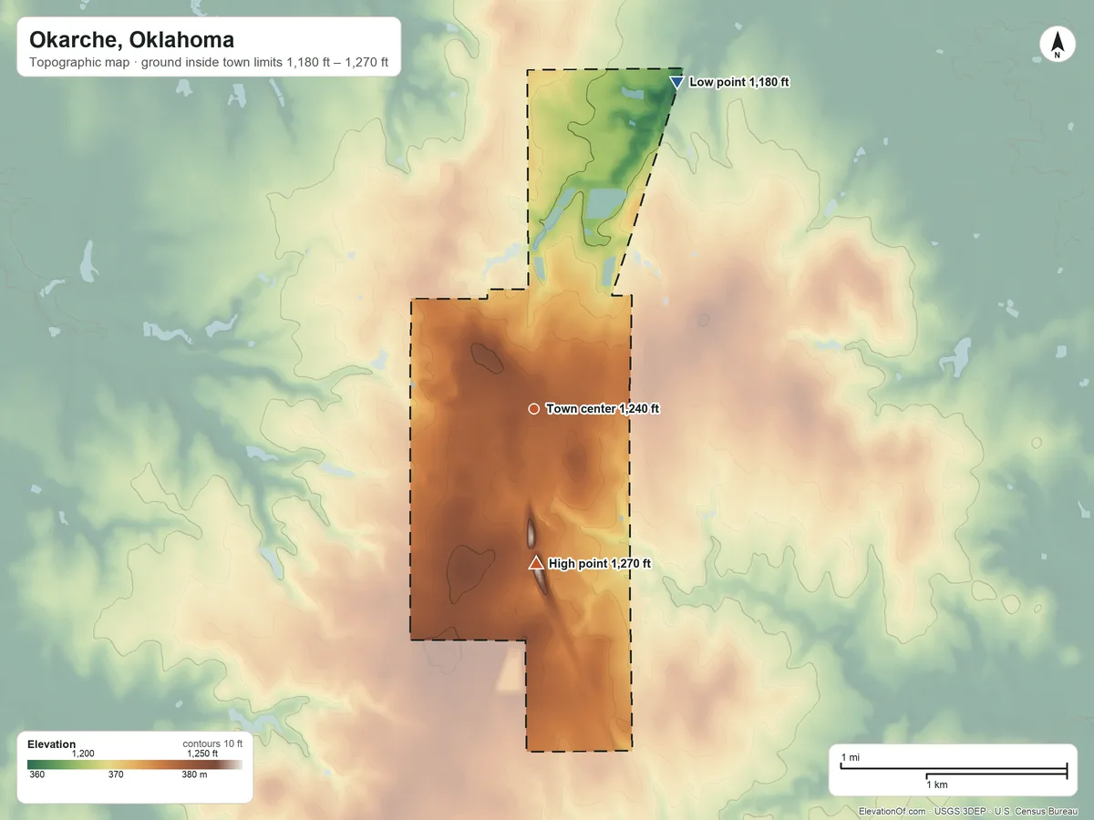 Topographic elevation map of Okarche, Oklahoma, shaded from 1,180 ft on the northeast side to 1,270 ft on the south side