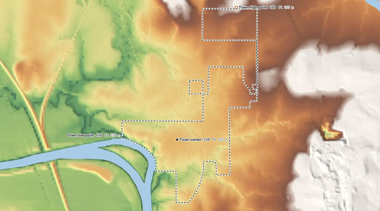 Topographic elevation map of Okay, Oklahoma, shaded from 490 ft on the west side to 600 ft on the northeast side