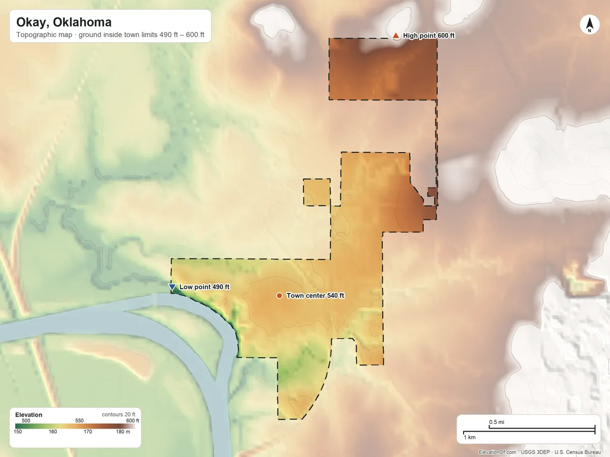 Topographic elevation map of Okay, Oklahoma, shaded from 490 ft on the west side to 600 ft on the northeast side