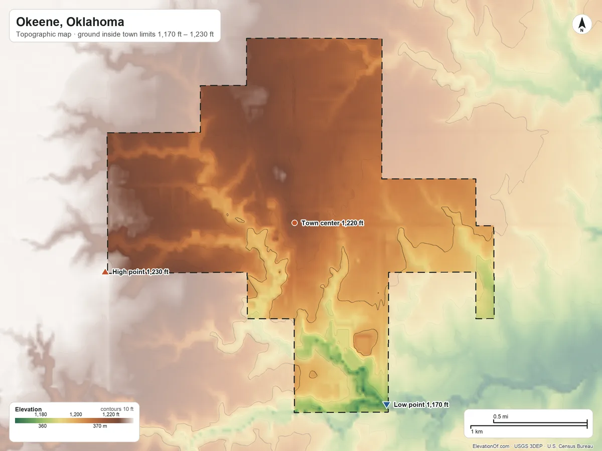 Topographic elevation map of Okeene, Oklahoma, shaded from 1,170 ft on the southeast side to 1,230 ft on the west side