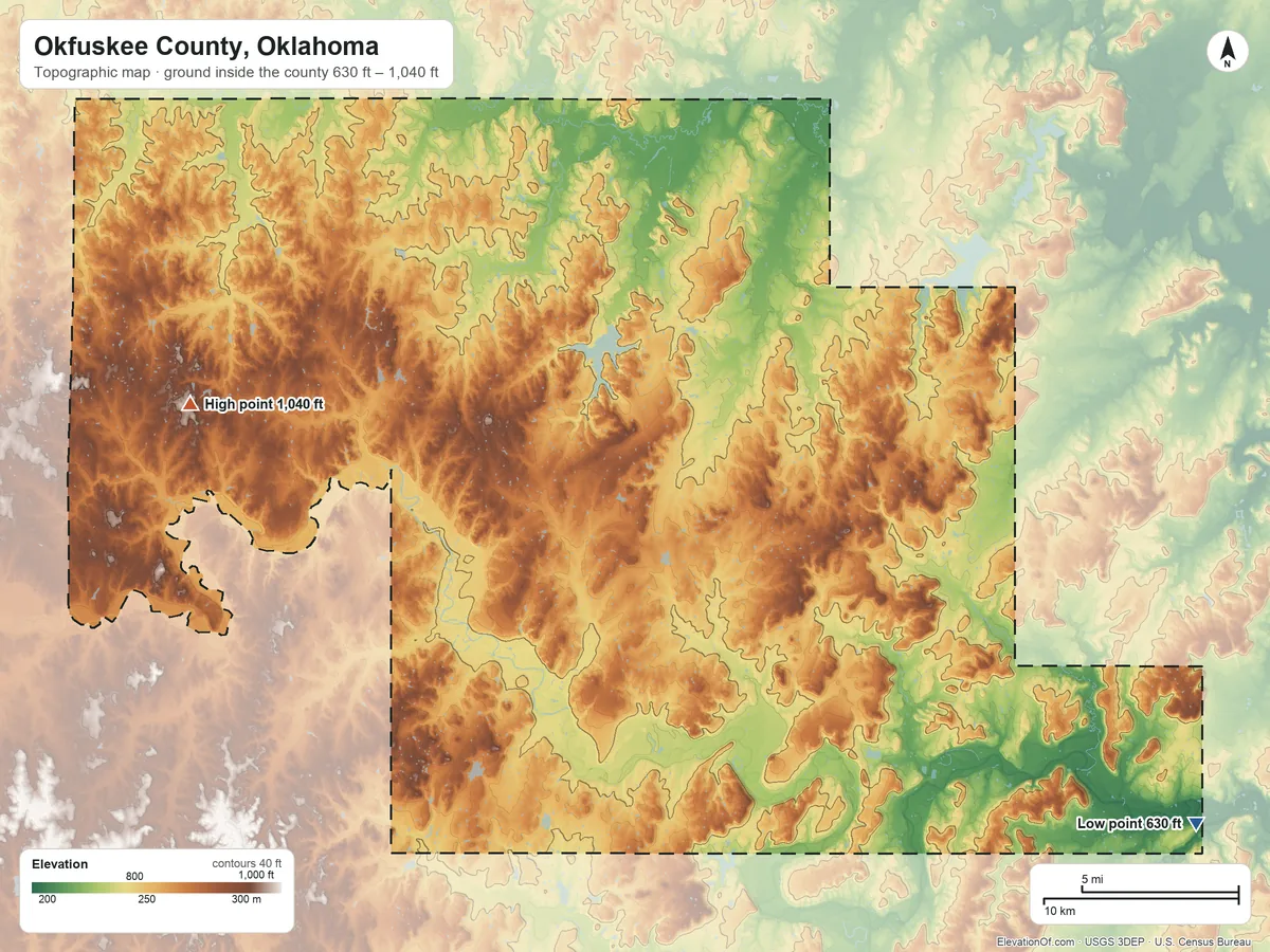 Topographic elevation map of Okfuskee County, Oklahoma, shaded from 630 ft on the southeast side to 1,040 ft on the west side