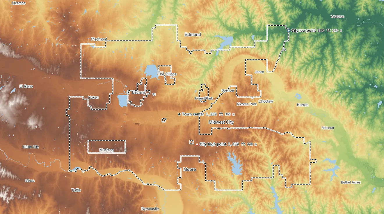 Topographic elevation map of Oklahoma City, Oklahoma, shaded from 880 ft on the northeast side to 1,450 ft near the middle