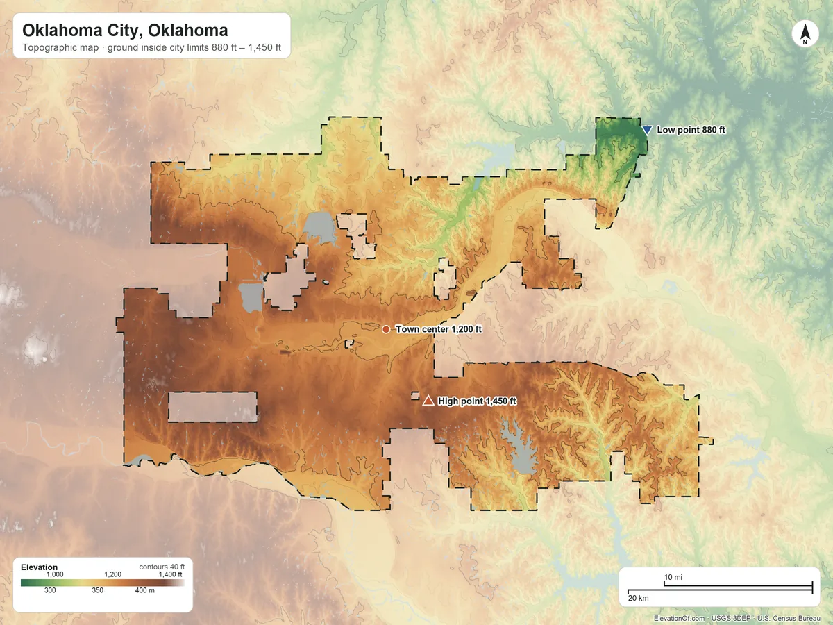 Topographic elevation map of Oklahoma City, Oklahoma, shaded from 880 ft on the northeast side to 1,450 ft near the middle
