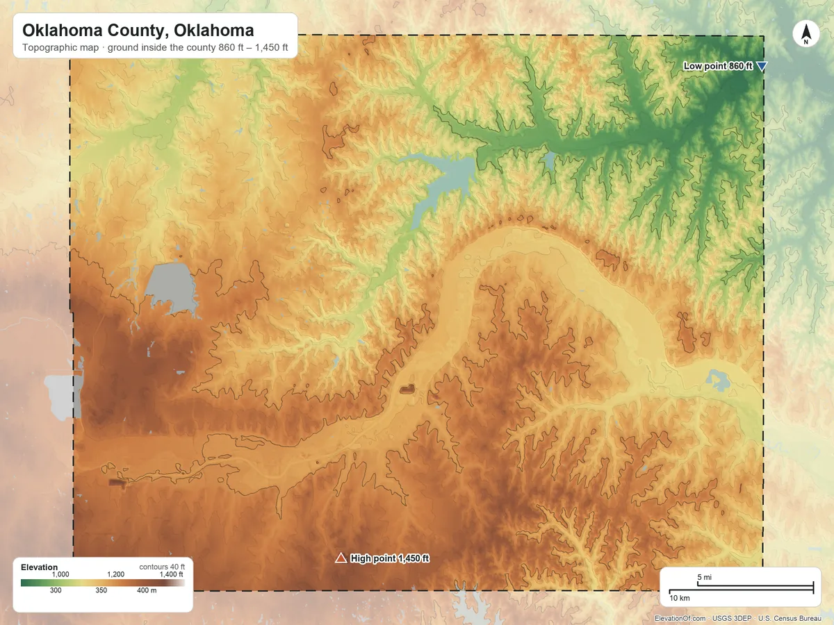 Topographic elevation map of Oklahoma County, Oklahoma, shaded from 860 ft on the northeast side to 1,450 ft on the south side
