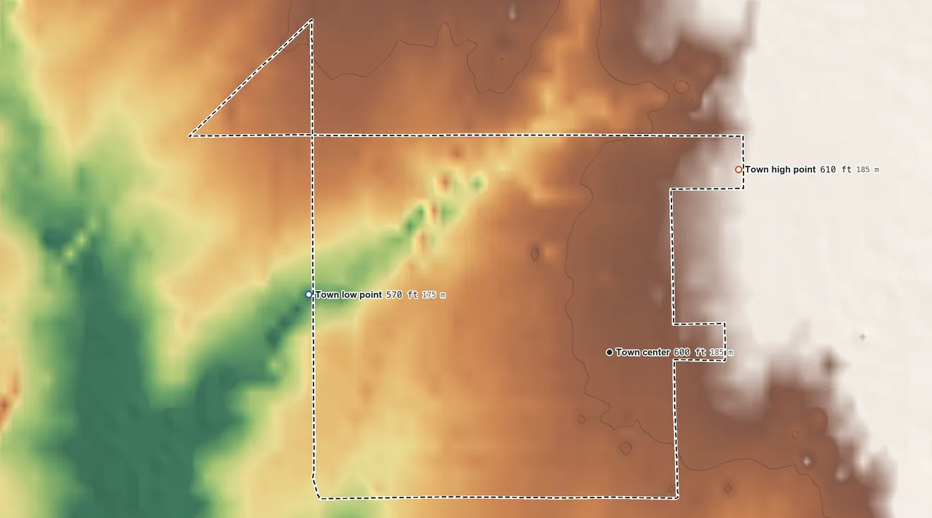 Topographic elevation map of Oktaha, Oklahoma, shaded from 570 ft on the west side to 610 ft on the northeast side
