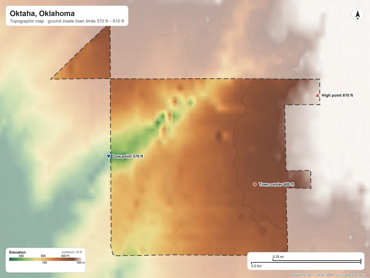 Topographic elevation map of Oktaha, Oklahoma, shaded from 570 ft on the west side to 610 ft on the northeast side