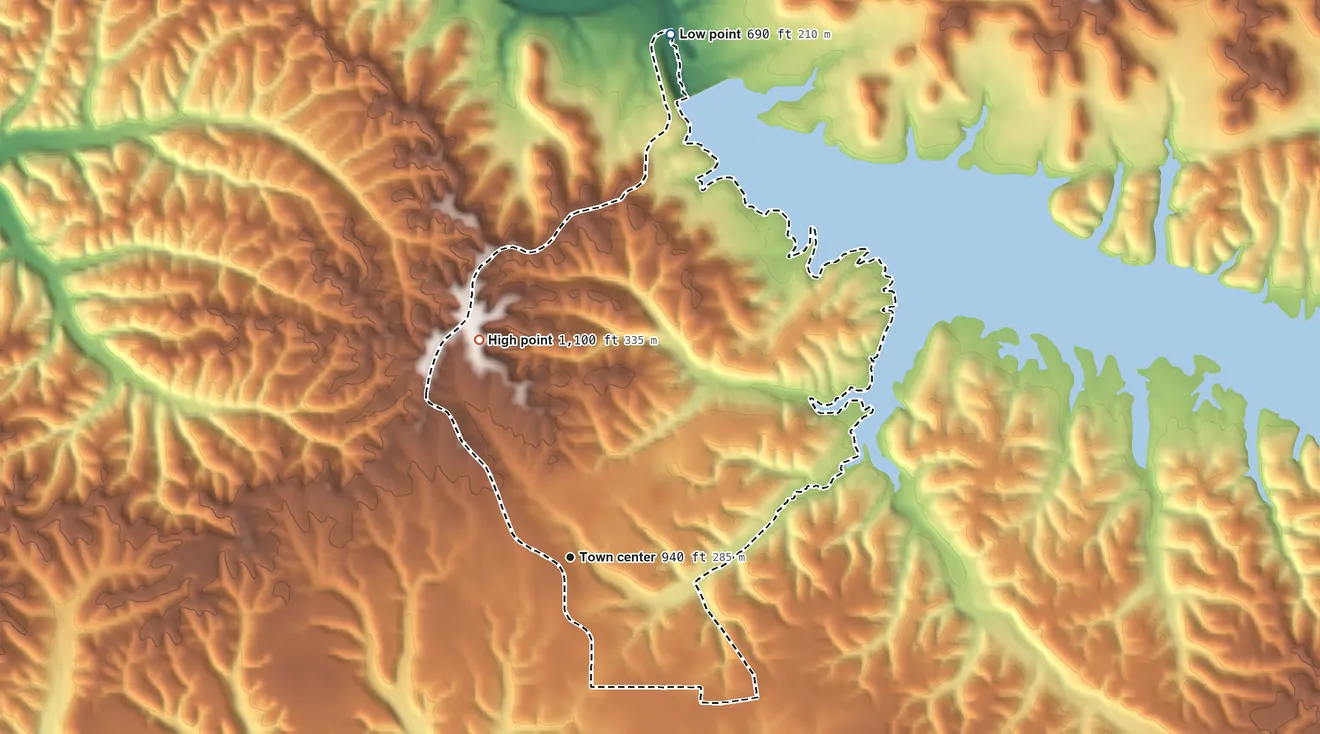 Topographic elevation map of Old Eucha, Oklahoma, shaded from 690 ft on the north side to 1,100 ft on the northwest side