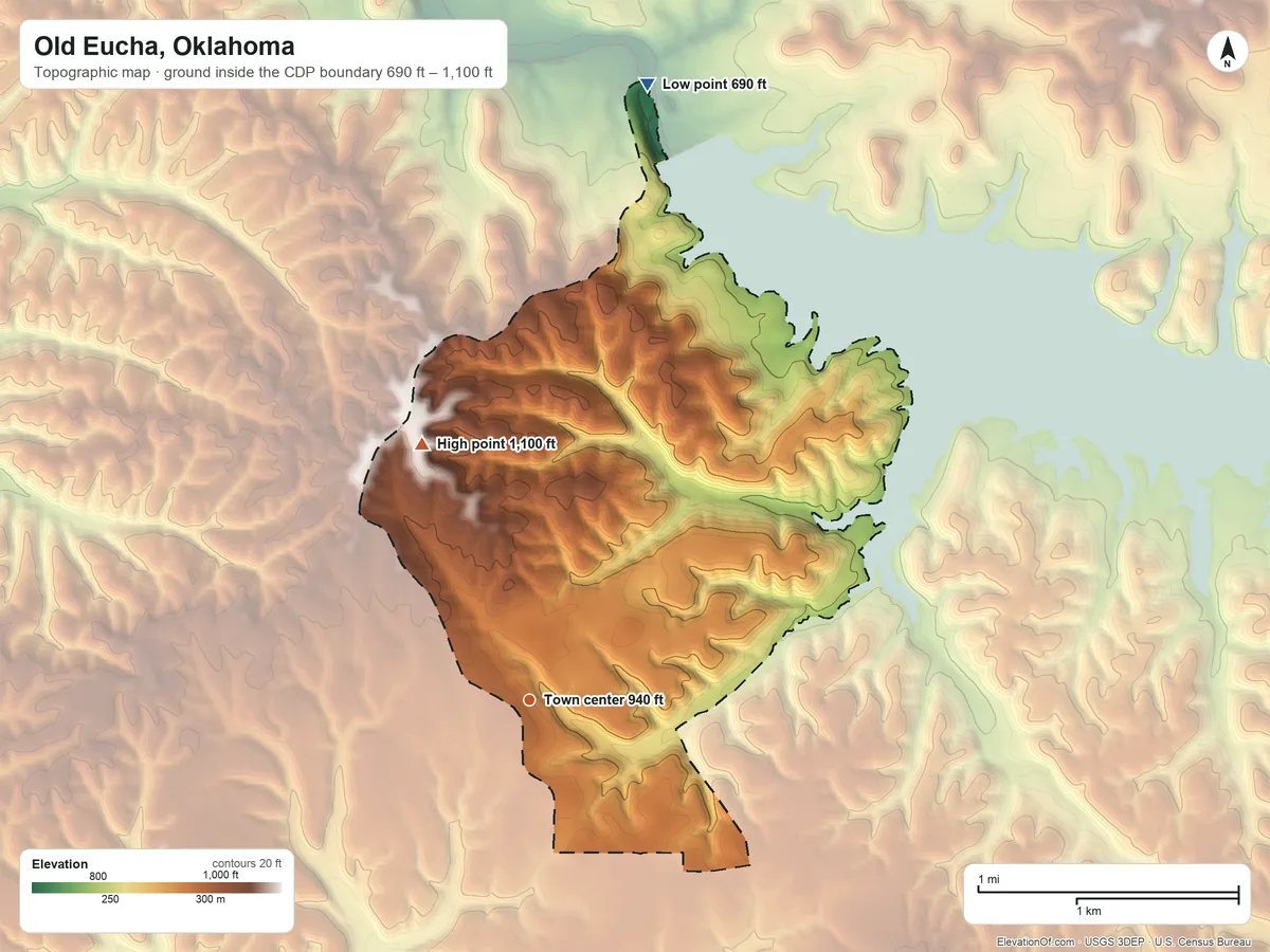 Topographic elevation map of Old Eucha, Oklahoma, shaded from 690 ft on the north side to 1,100 ft on the northwest side