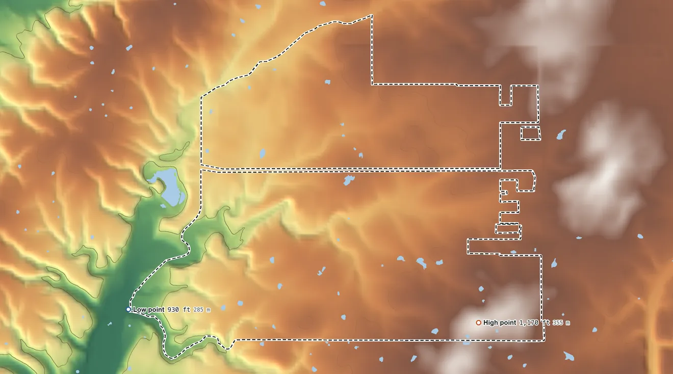 Topographic elevation map of Old Green, Oklahoma, shaded from 930 ft on the southwest side to 1,170 ft on the south side