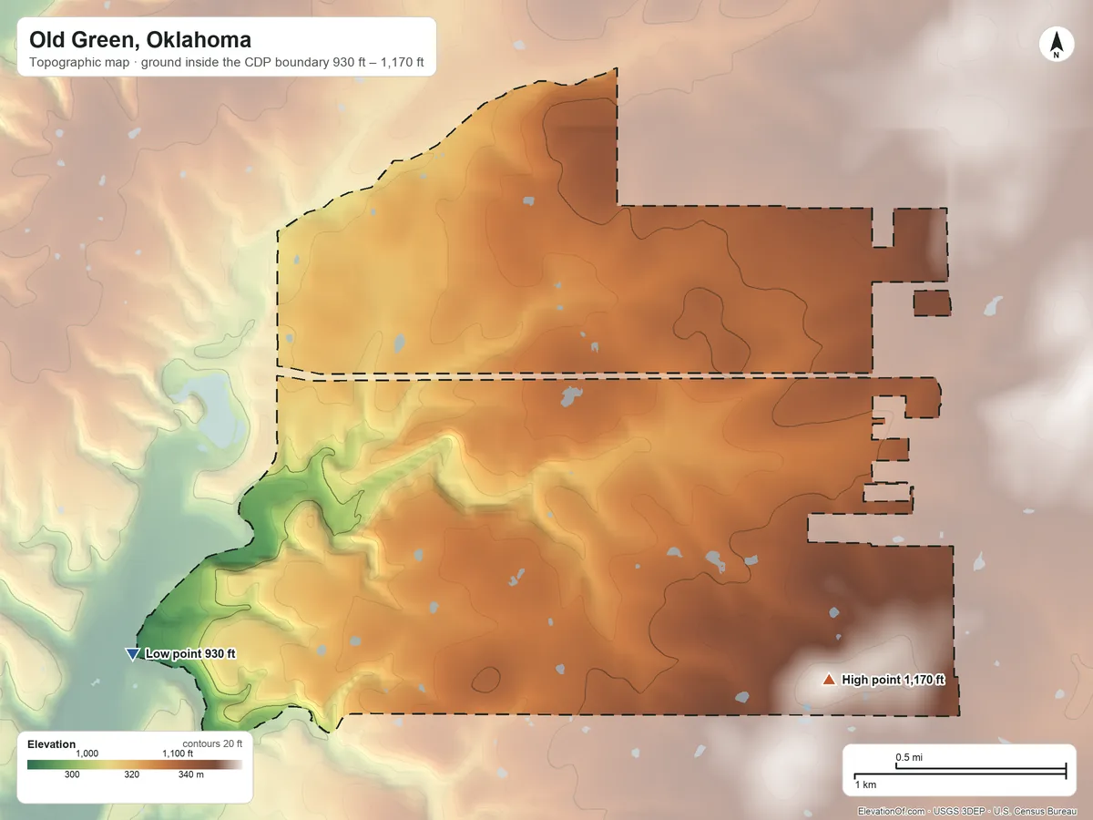 Topographic elevation map of Old Green, Oklahoma, shaded from 930 ft on the southwest side to 1,170 ft on the south side