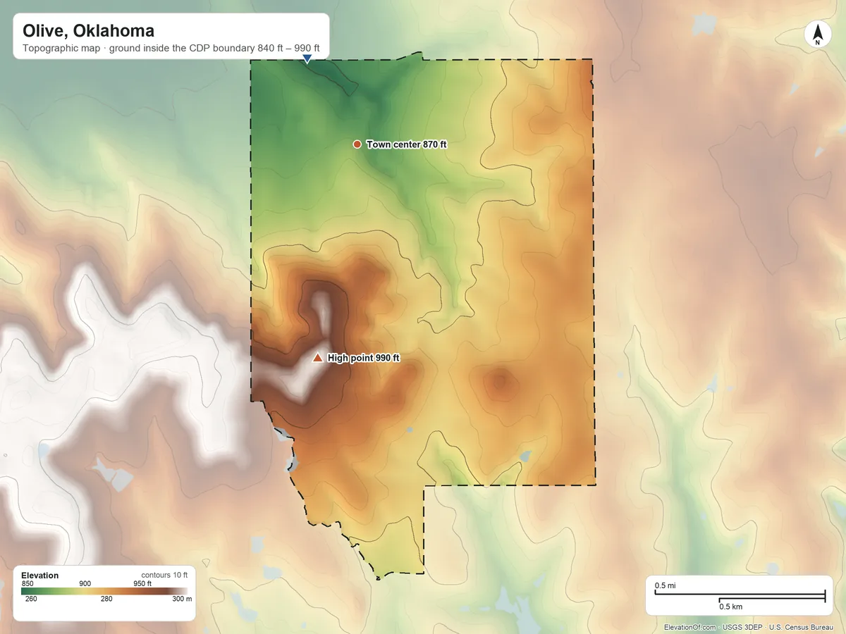 Topographic elevation map of Olive, Oklahoma, shaded from 840 ft on the northwest side to 990 ft on the south side