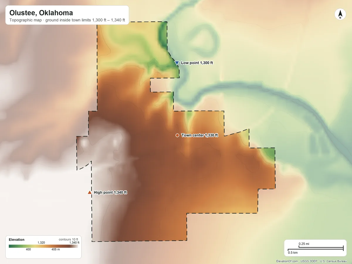 Topographic elevation map of Olustee, Oklahoma, shaded from 1,300 ft on the north side to 1,340 ft on the southwest side