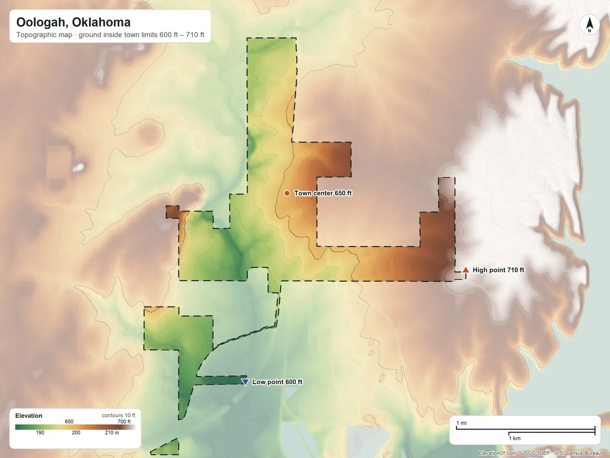 Topographic elevation map of Oologah, Oklahoma, shaded from 600 ft on the south side to 710 ft on the southeast side