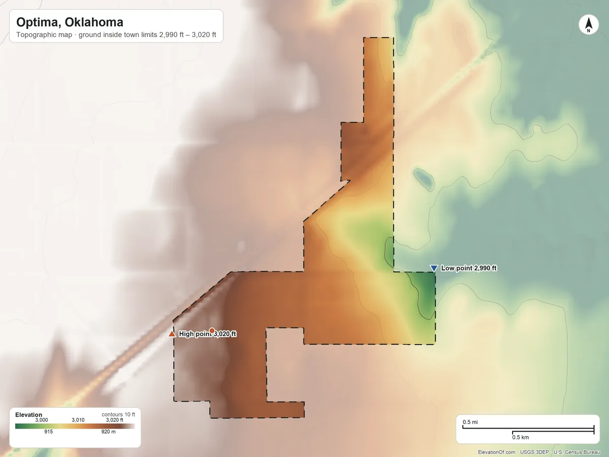 Topographic elevation map of Optima, Oklahoma, shaded from 2,990 ft on the east side to 3,020 ft near the middle