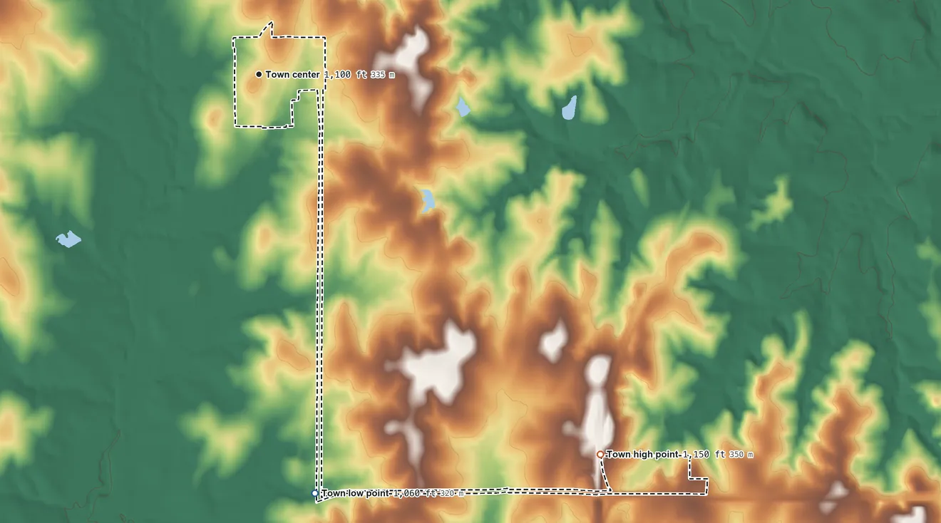 Topographic elevation map of Orlando, Oklahoma, shaded from 1,060 ft on the south side to 1,150 ft on the southeast side