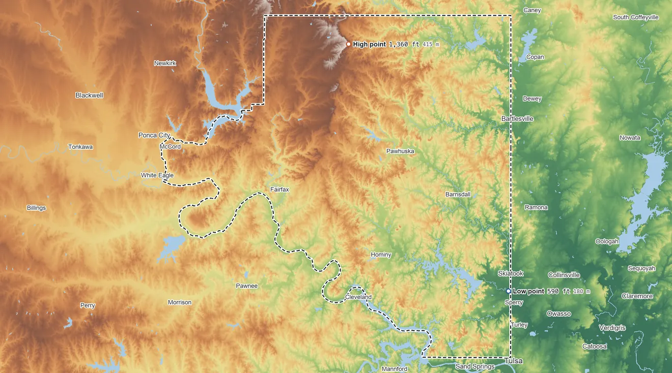 Topographic elevation map of Osage County, Oklahoma, shaded from 590 ft on the southeast side to 1,360 ft on the north side