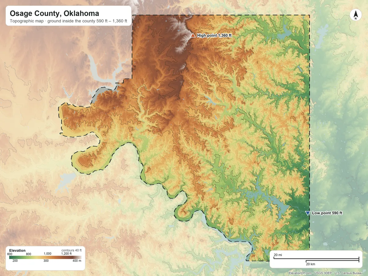 Topographic elevation map of Osage County, Oklahoma, shaded from 590 ft on the southeast side to 1,360 ft on the north side