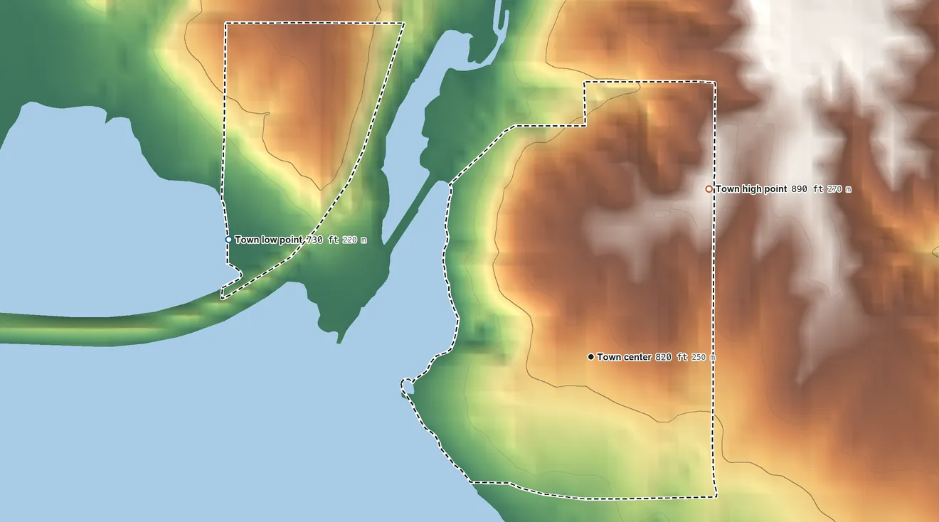 Topographic elevation map of Osage, Oklahoma, shaded from 730 ft on the west side to 890 ft on the northeast side