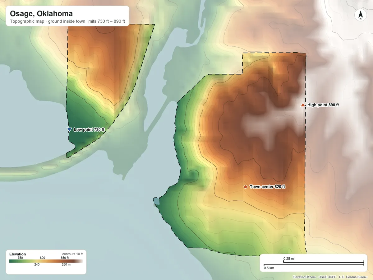 Topographic elevation map of Osage, Oklahoma, shaded from 730 ft on the west side to 890 ft on the northeast side