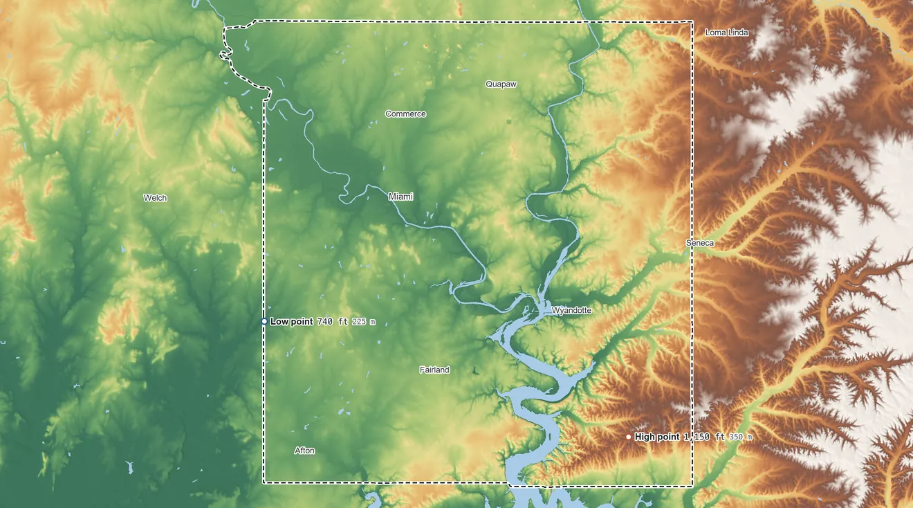 Topographic elevation map of Ottawa County, Oklahoma, shaded from 740 ft on the west side to 1,150 ft on the southeast side