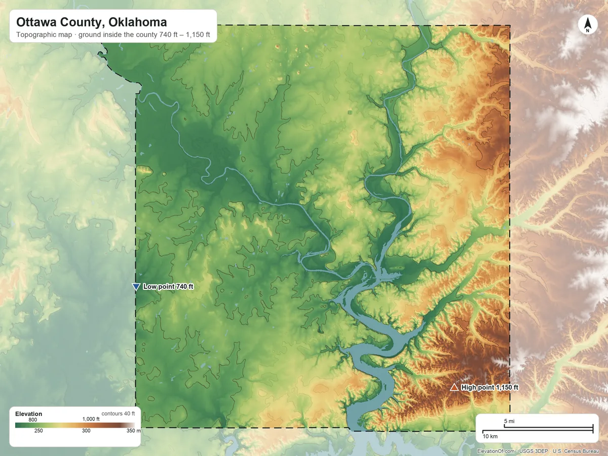 Topographic elevation map of Ottawa County, Oklahoma, shaded from 740 ft on the west side to 1,150 ft on the southeast side