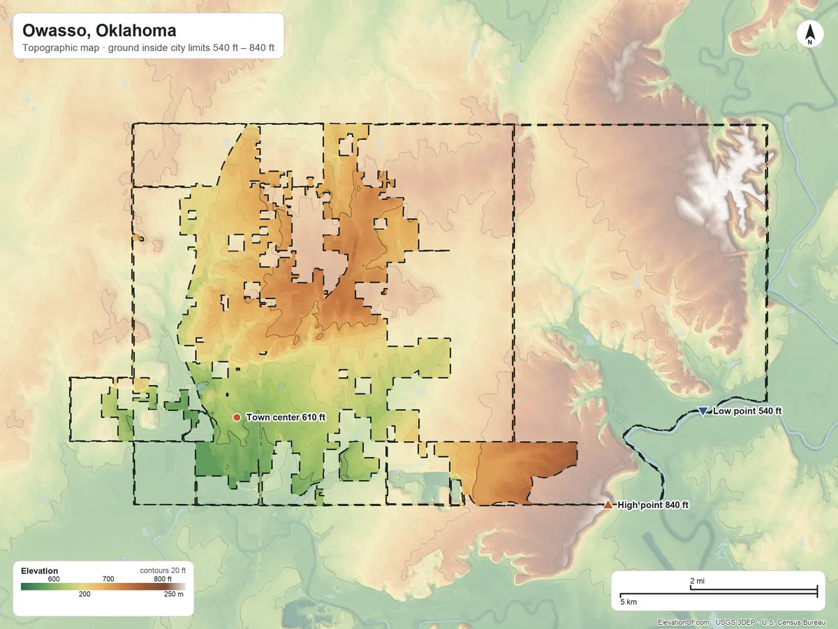 Topographic elevation map of Owasso, Oklahoma, shaded from 540 ft on the east side to 840 ft on the east side
