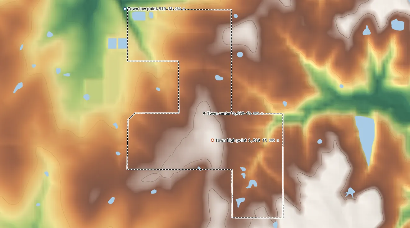 Topographic elevation map of Paden, Oklahoma, shaded from 910 ft on the northwest side to 1,010 ft on the south side