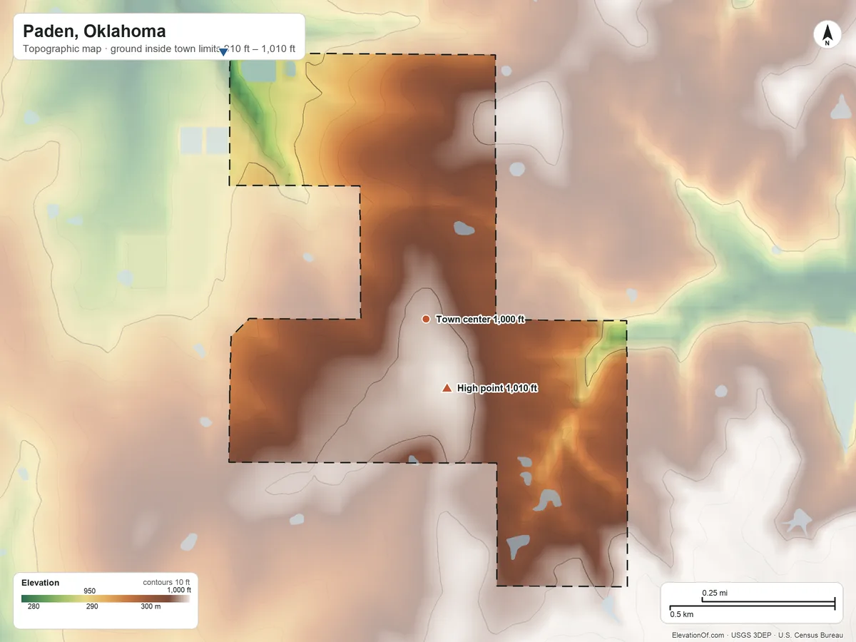 Topographic elevation map of Paden, Oklahoma, shaded from 910 ft on the northwest side to 1,010 ft on the south side