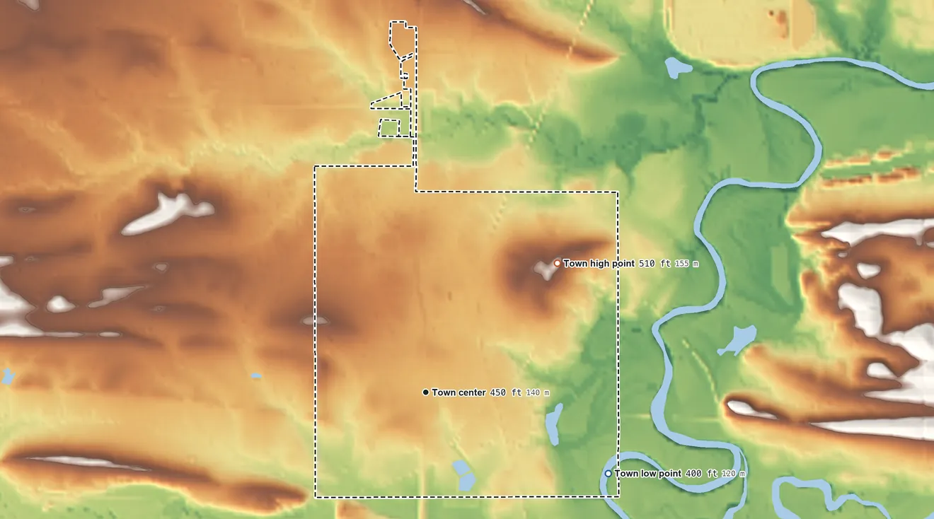 Topographic elevation map of Panama, Oklahoma, shaded from 400 ft on the southeast side to 510 ft on the northeast side