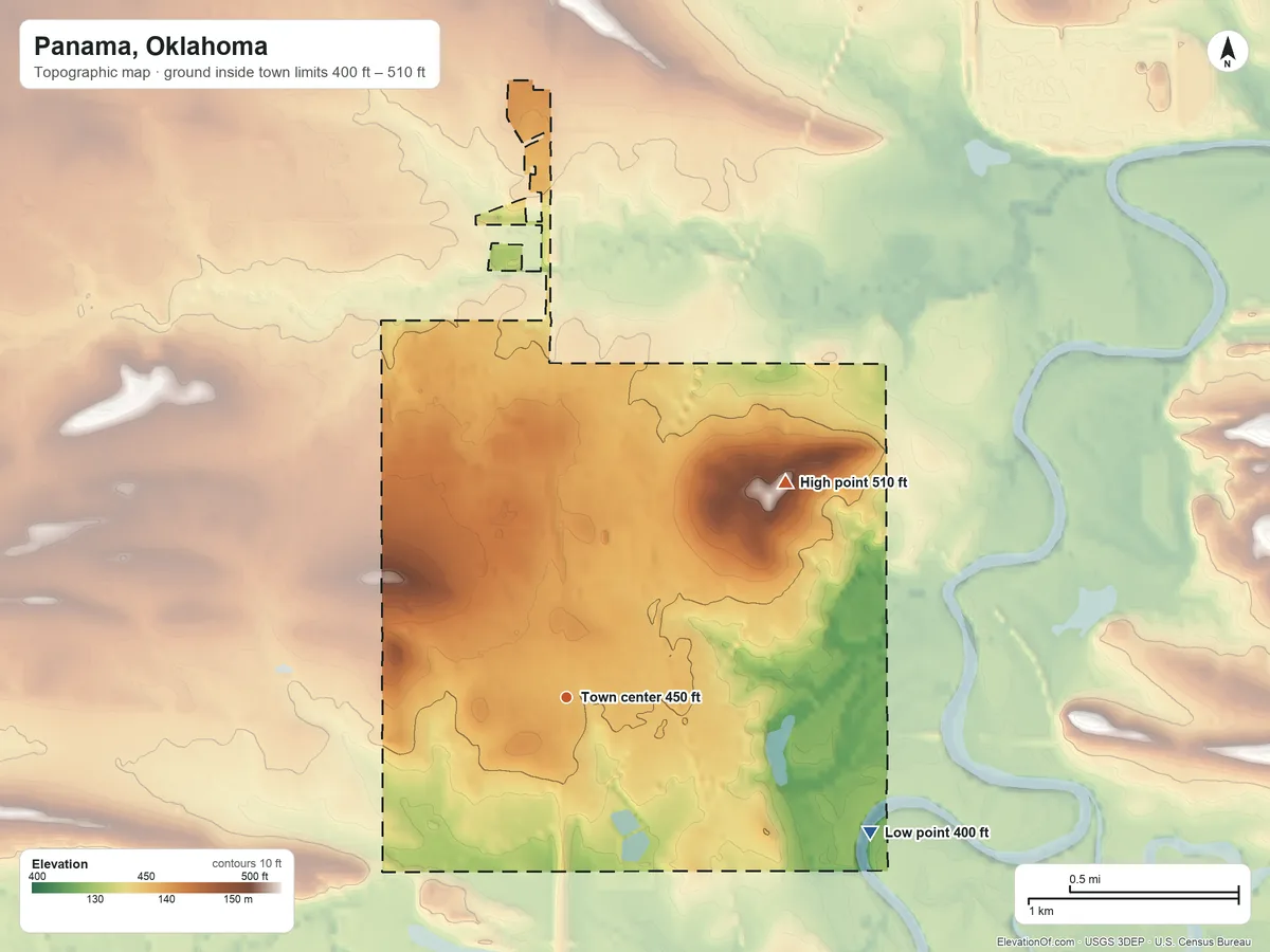 Topographic elevation map of Panama, Oklahoma, shaded from 400 ft on the southeast side to 510 ft on the northeast side