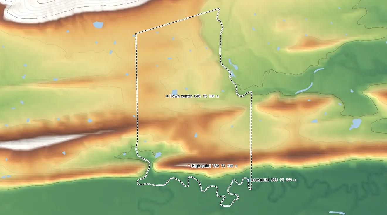 Topographic elevation map of Panola, Oklahoma, shaded from 560 ft on the southeast side to 760 ft at the foot of the Sans Bois Mountains