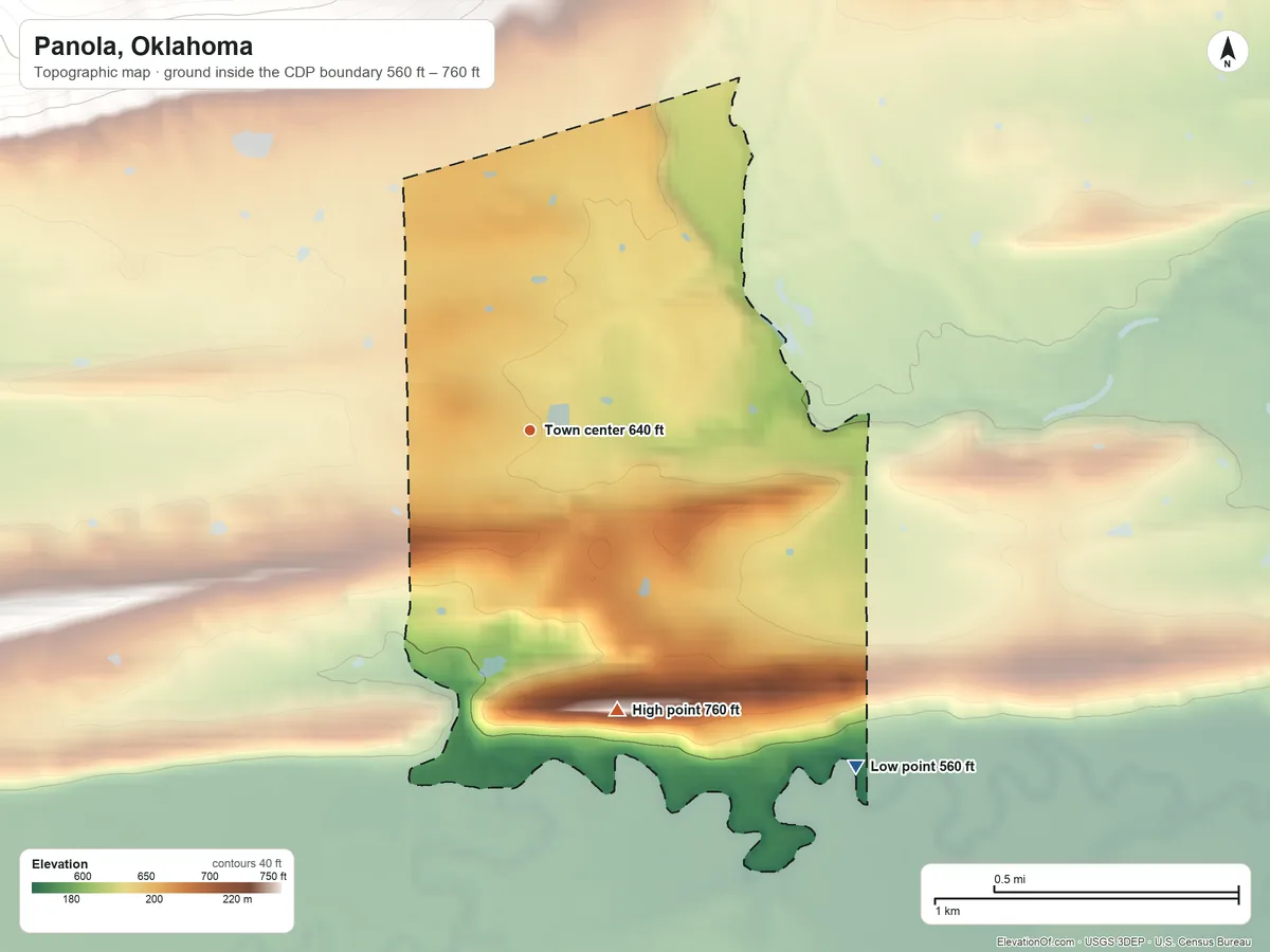 Topographic elevation map of Panola, Oklahoma, shaded from 560 ft on the southeast side to 760 ft at the foot of the Sans Bois Mountains