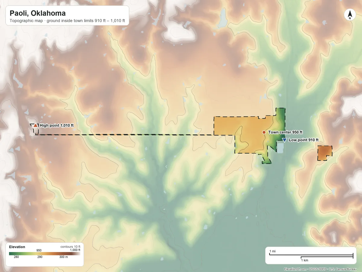 Topographic elevation map of Paoli, Oklahoma, shaded from 910 ft near the middle to 1,010 ft on the west side