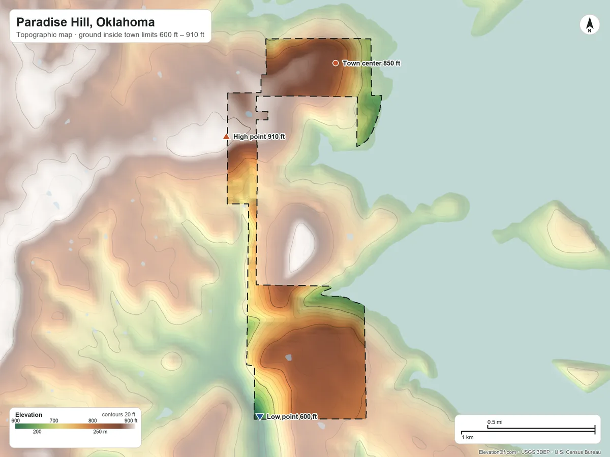 Topographic elevation map of Paradise Hill, Oklahoma, shaded from 600 ft on the south side to 910 ft on the southwest side