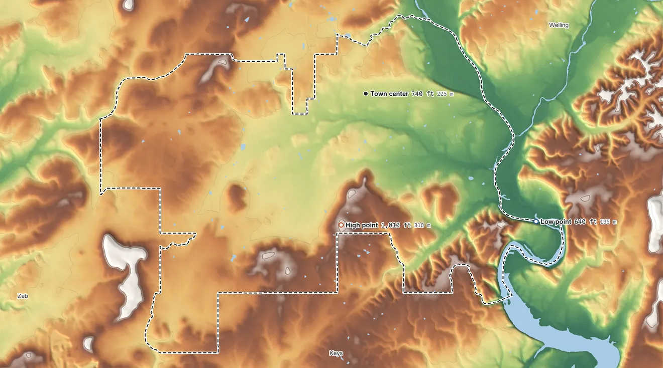 Topographic elevation map of Park Hill, Oklahoma, shaded from 640 ft on the southeast side to 1,010 ft on Park Hill Mountain