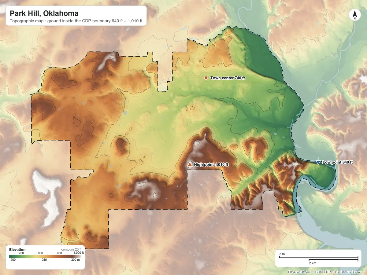Topographic elevation map of Park Hill, Oklahoma, shaded from 640 ft on the southeast side to 1,010 ft on Park Hill Mountain