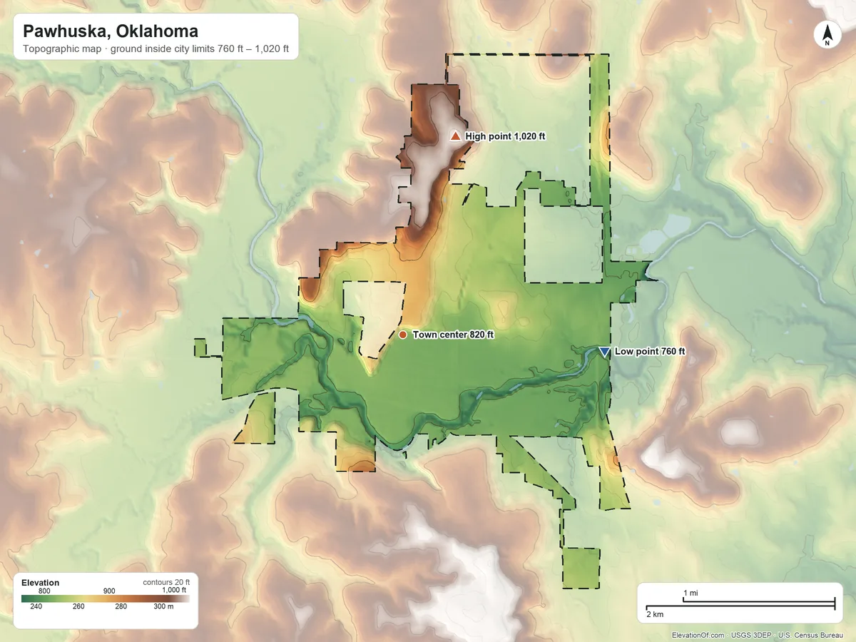 Topographic elevation map of Pawhuska, Oklahoma, shaded from 760 ft on the east side to 1,020 ft on the north side