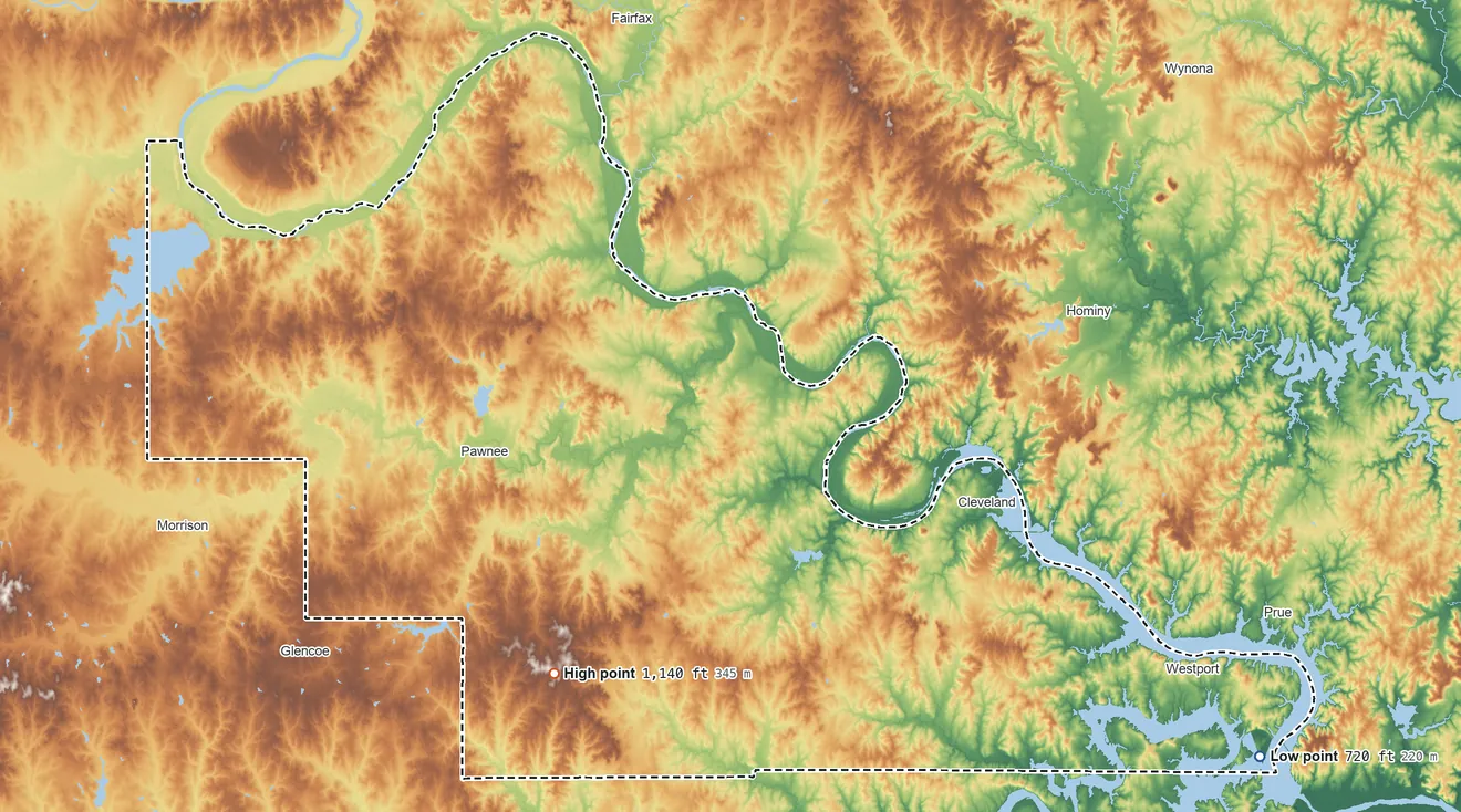 Topographic elevation map of Pawnee County, Oklahoma, shaded from 720 ft on the southeast side to 1,140 ft on the southwest side