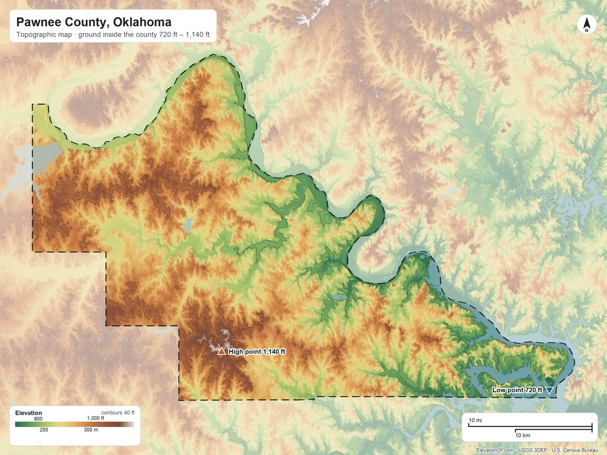 Topographic elevation map of Pawnee County, Oklahoma, shaded from 720 ft on the southeast side to 1,140 ft on the southwest side