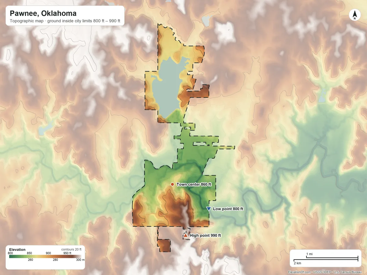 Topographic elevation map of Pawnee, Oklahoma, shaded from 800 ft on the southeast side to 990 ft on the south side